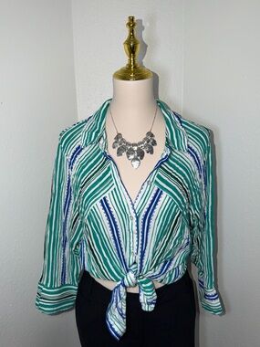 Striped Button-Up Tie Front Shirt Green & Blue